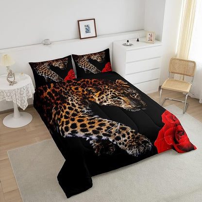 Erosebridal Leopard Comforter Set King Size,Red Rose Cheetah Bedding Set,Cat Leopard Print Down Comforter, Romantic Floral Quilted Duvet, Safari Animal Quilt Set, Stylish Bedroom Decor, Black