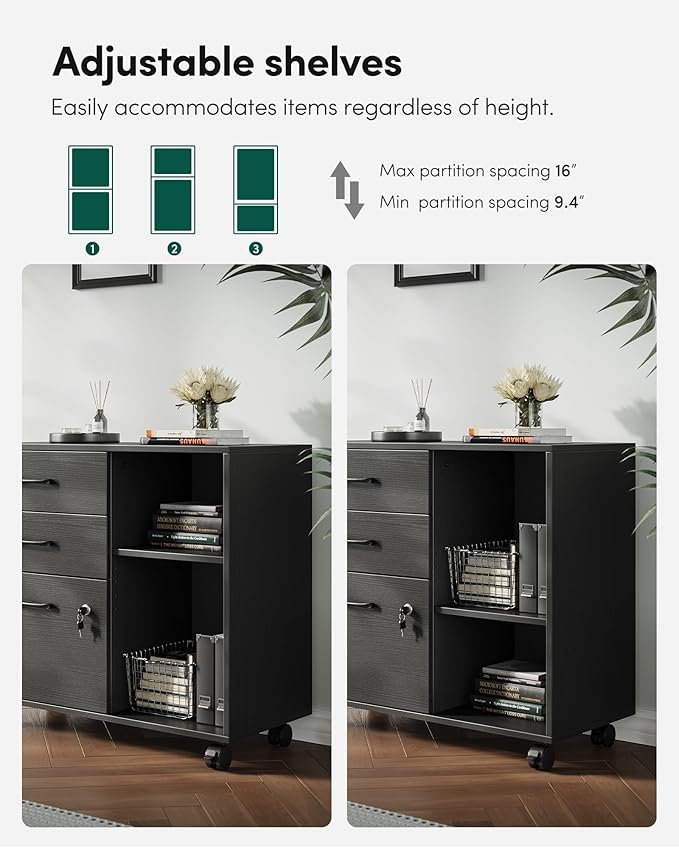 FEZIBO 3-Drawer Mobile File Cabinet, Lateral Filing Cabinet with Lock, Printer Stand with Open Storage Shelves for Home Office, Filing Cabinets for Home Office, Black