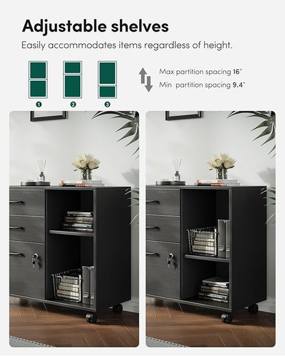 FEZIBO 3-Drawer Mobile File Cabinet, Lateral Filing Cabinet with Lock, Printer Stand with Open Storage Shelves for Home Office, Filing Cabinets for Home Office, Black
