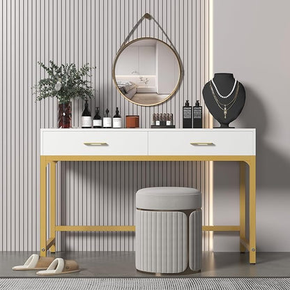 WESTREE Women Makeup Vanity Desk with 2 Drawers - Bedroom Home Office Desk, Wooden Height Monitor Stand & Storage Shelf without Mirror, White Table Great Gift for Her