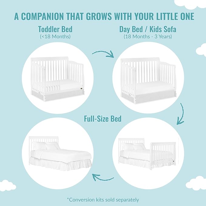 Dream On Me Ashton 4-In-1 Convertible Crib In White, Greenguard Gold, JPMA Certified, Non-Toxic Finishes, Features 4 Mattress Height Settings, Made Of Solid Pinewood