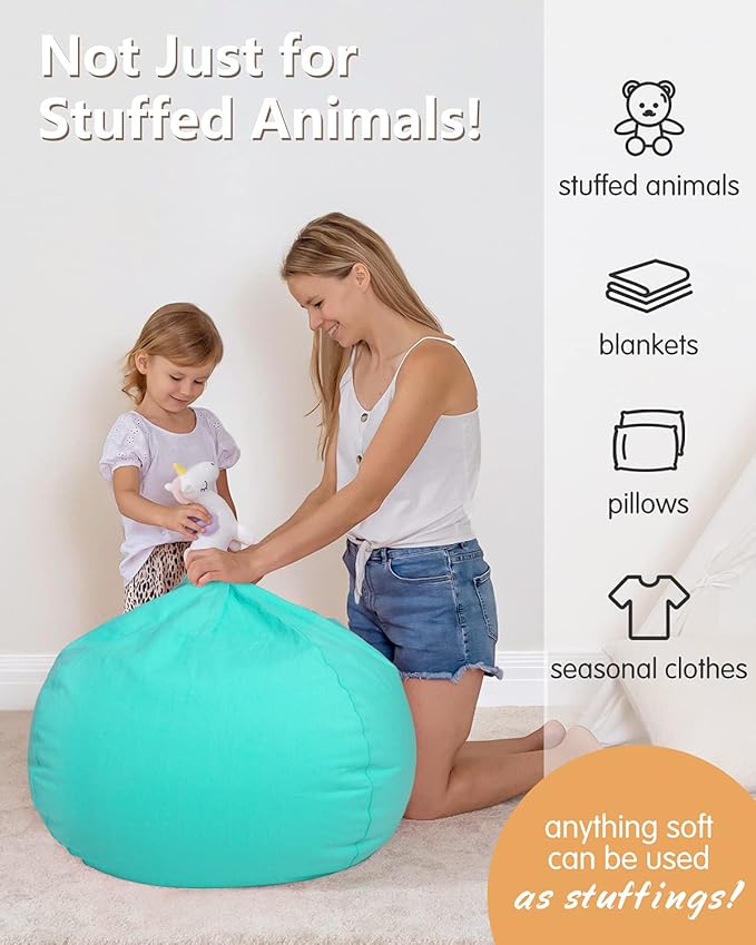 Aubliss Stuffed Animal Bean Bag Storage Chair, Beanbag Covers Only for Organizing Plush Toys, Turns into Bean Bag Seat for Kids When Filled, Medium 32"-Canvas Solid Aqua
