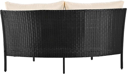 3-Piece Half Moon Patio Furniture Set with Cushions, All Weather Rattan Curved Outdoor Sofa Conversation Group Seatings for Balcony Front Porch Backyard Deck Lawn, Beige