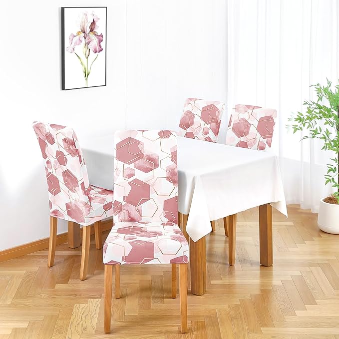Gibelle Dining Room Chair Covers Set of 4, Soft Stretch Kitchen Chair Covers Slipcover Protector, Removable Washable Geometric Parson Chair Covers 4 Pack, Dusty Pink
