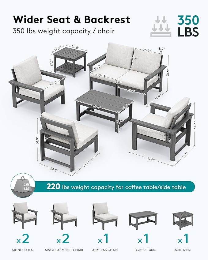 SERWALL HDPE Patio Coversation Set, 7-piece Outdoor Sectional Sofa Set, All Weather Patio Couch Set Patio Furniture for Balcony, Deck, Grey Frame with Khaki Cushion