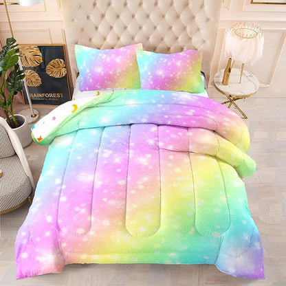 Rainbow Comforter Set 5 pcs Full,Pink Bedding,Bed in A Bag 5 pcs Rainbow Comforter,Kids Princess Comforter Set Full,Rainbow Bedding for Teen Girls Adults