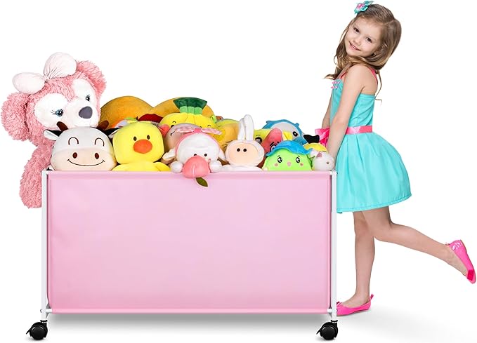 MISSLO Large Kids Toy Box for Girls with Wheels Toy Chest for Toddlers Toy Storage Organizer Big Toy Bin, 124L, Pink