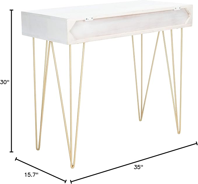 Safavieh Home Office Collection Marigold White Wash and Brass 1-Drawer Hairpin Leg Desk, 0