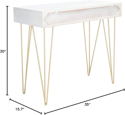 Safavieh Home Office Collection Marigold White Wash and Brass 1-Drawer Hairpin Leg Desk, 0