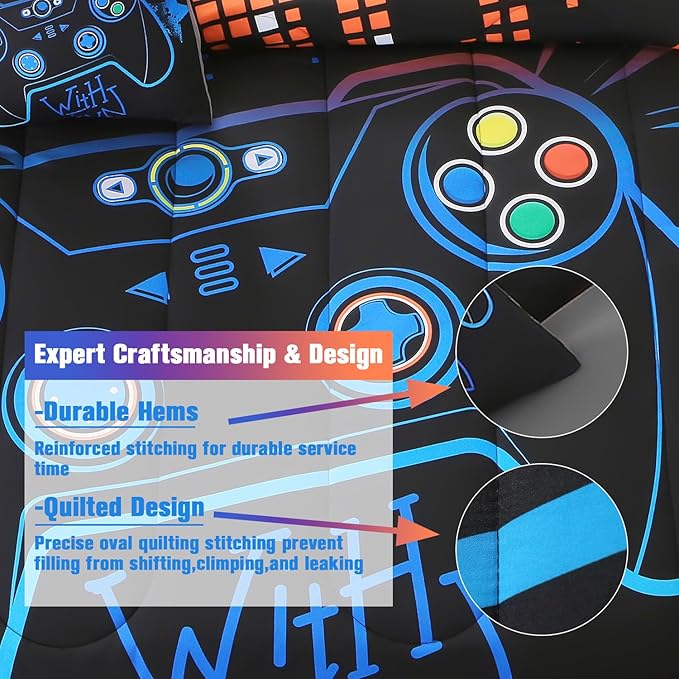 6Pcs Game Console Comforter Set with Sheets for Boys Girls Kids Teens, Geometric Gaming Themed Bed in A Bag Full Size, 3D Video Gamer Controller Bedroom Decor Bedding Set(Blue)