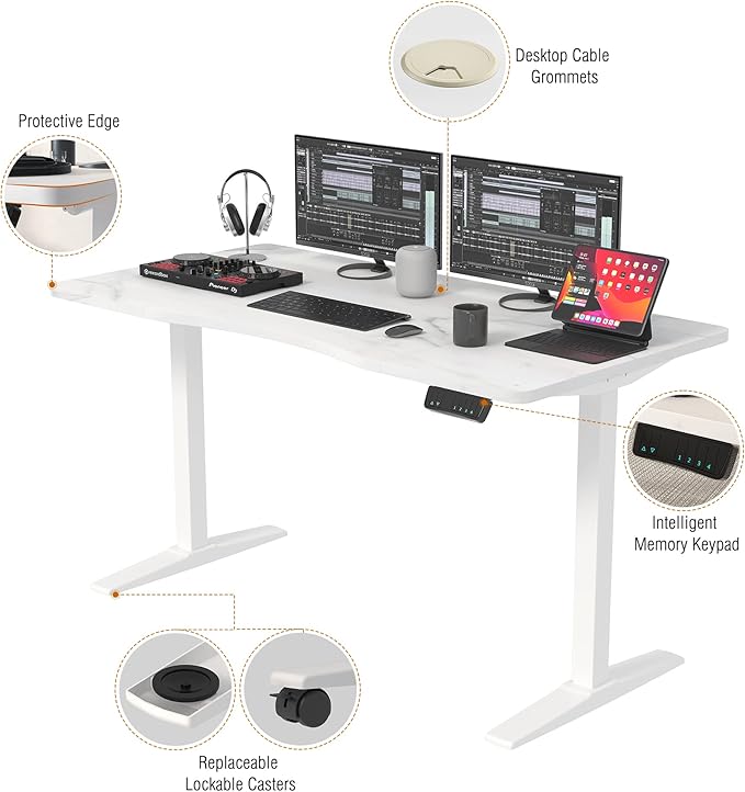 Monomi Height Adjustable Electric Standing Desk, 55 x 28 Inches Stand up Desk, Sit Stand Home Office Computer Desk(White Frame+Marble White Top)