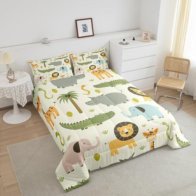 Feelyou Nursery Cute Wild Animals Bedding Set for Girls Boys Child Kids Cartoon Lion Giraffe Crocodile Comforter Decor Nature Wildlife Comforter Set Zoo Animal Theme Duvet Set Queen Size Quilt Set