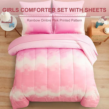Dinjoy Girls Comforter Set Full Size Colorful Rainbow Ombre Pink Bedding Set Gradient Soft Lightweight 7 Pieces Bed in A Bag for Kids Teen Women(1 Comforter, 1 Flat Sheet, 1 Fitted Sheet)