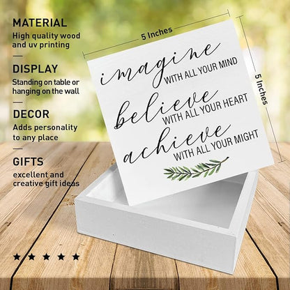 Home Office Desk Wooden Box Sign Decor, Imagine with All Your Mind, Inspirational Quotes Desk Decor Motivational Desk Decorations for Women Men Student Office Classroom School