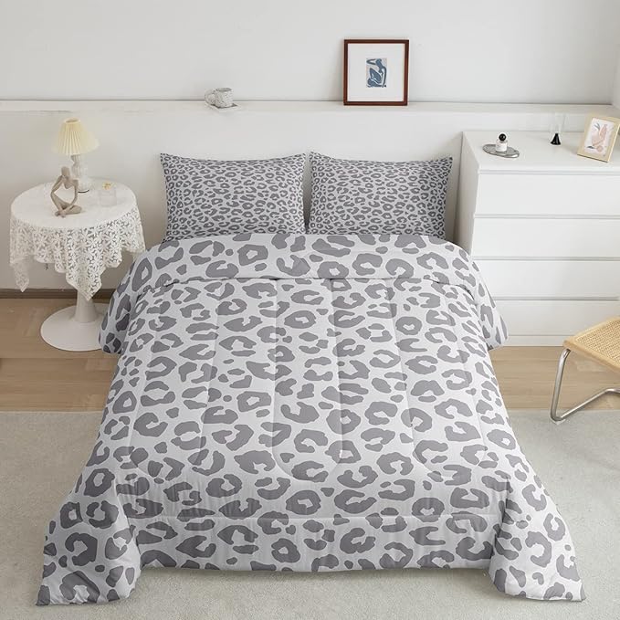 Feelyou Leopard Print Bedding Set Silver Gray Leopard Comforter Set for Boys Girls Kids Cheetah Printed Comforter Africa Wild Animal Skin Theme Duvet Set Room Decor Queen Size Quilt Set 3Pcs