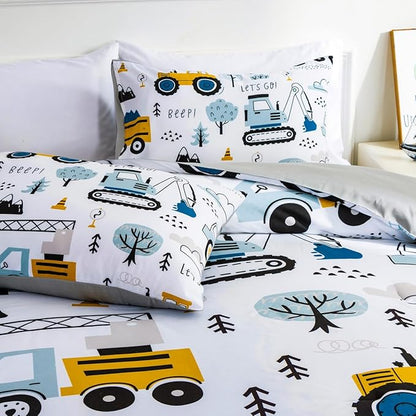 NTBED Construction Truck Twin Comforter Set for Boys Kids Forest Vehicles Excavator Tractor Lightweight Microfiber Cars Bedding Sets