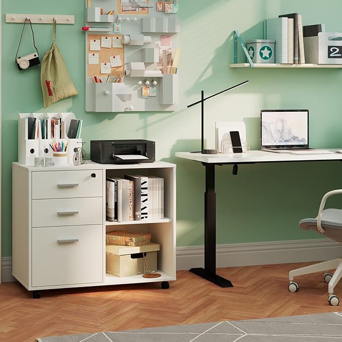 Maxtown Wood Filing Cabinet, Mobile Lateral Filing Cabinet with Lock, 3 Drawer Filing Cabinet with Open Storage Shelves, Printer Stand with Storage, White
