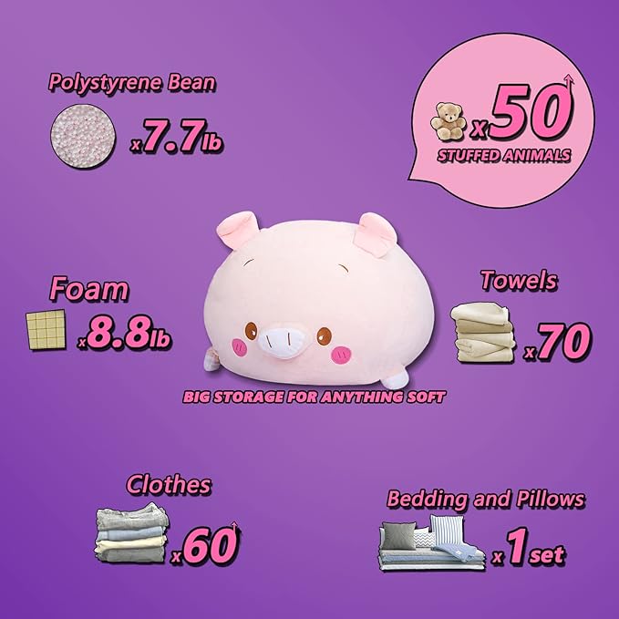 Stuffed Animal Storage Bean Bag Chair Cover for Kids Pink Pig Plush Bean Bag Chair for Girls Large Size Toy Organizer Cover Only Without Filling