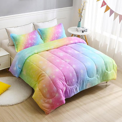 Girls Unicorn Bedding Set 3 Piece Rainbow Comforter Set for Teen Girls Adults with Sparkle Stars Soft Bedding Sets Machine Washable, Multi, Queen