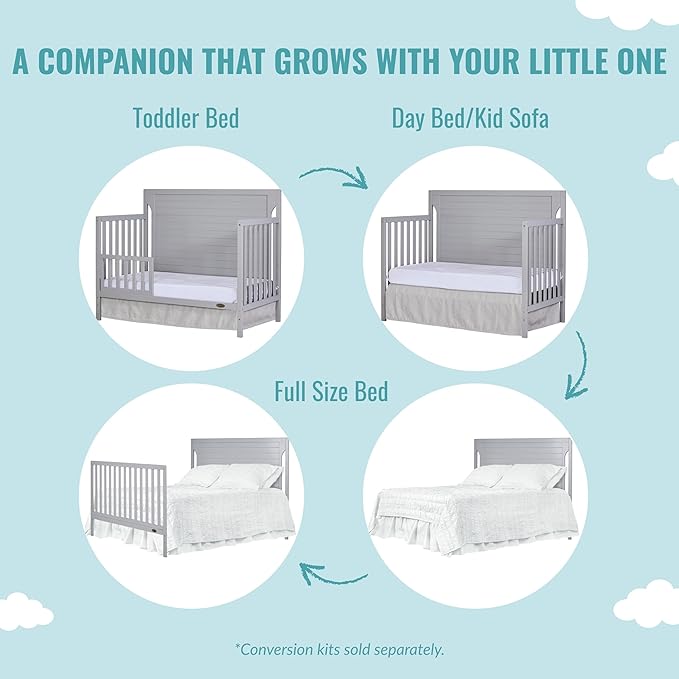 Cape Cod 5-In-1 Convertible Crib In Pebble Grey, Greenguard Gold And JPMA Certified, Built Of Sustainable New Zealand Pinewood, 3 Mattress Height Positions