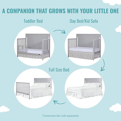 Cape Cod 5-In-1 Convertible Crib In Pebble Grey, Greenguard Gold And JPMA Certified, Built Of Sustainable New Zealand Pinewood, 3 Mattress Height Positions