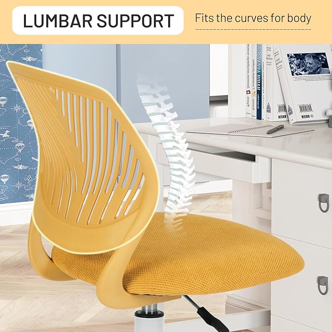 FurnitureR Kids Desk Chair, Small Adjustable Swivel Computer Task Chair with Plastic Backrest and Padded Seat Cushion, Fabric Armless Cute Rolling Child Office Chairs Study Chair, Yellow