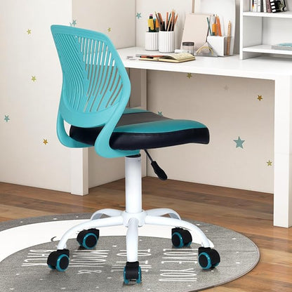 FurnitureR Desk Chair Small Study Chairs Armless for Child Kids Teens, Swivel Rolling Lightweight Task Chair with Wheels and Pu Leather Padded Cushion, Green/Black