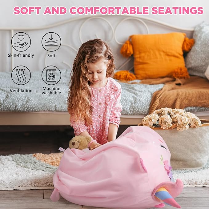 GAGAKU Stuffed Animal Bean Bag Cover Toy Storage, 24 Inches Kids Bean Bag Chair Cover ONLY Pink Unicorn Large Zipper Bean Bag for Organizing Kids Plush Toys Home Supplies (Cover Only)