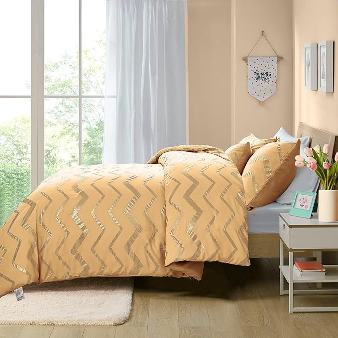 Yellow Gold Comforter Set Queen Size Metallic Bedding Set for Girls Lightweight Microfiber Comforter Set,4 Piece (2 Matching Sham + 1 Decorative Pillow)
