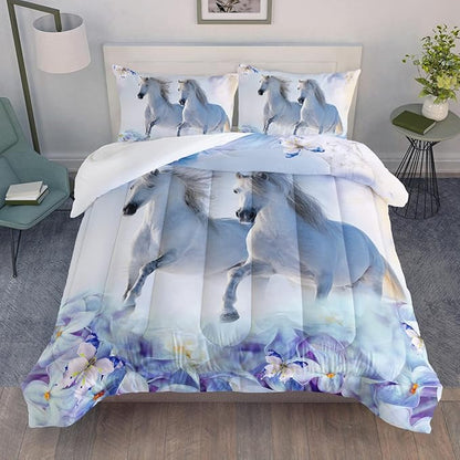 Kid Galloping Horse Comforter Set Floral Butterfly Horse Bedding Set for Boys Girls Adult, 1 Comforter + 2 Pillowcases