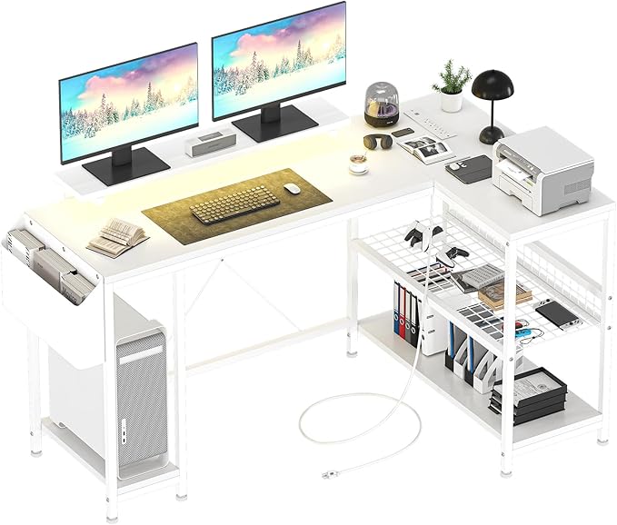 L Shaped Computer Desk with Power Outlets & LED Light, 49.6" Reversible Corner Computer Desk with Storage Shelves & Monitor Stand, Home Office Desk, Gaming Desk, Writing Desk (White)