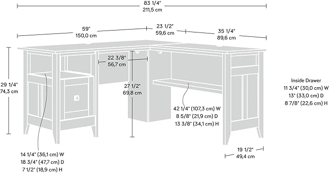 Sauder August Hill L-Shaped Desk, L: 59.06" x W: 58.74" x H: 29.25", Dover Oak finish