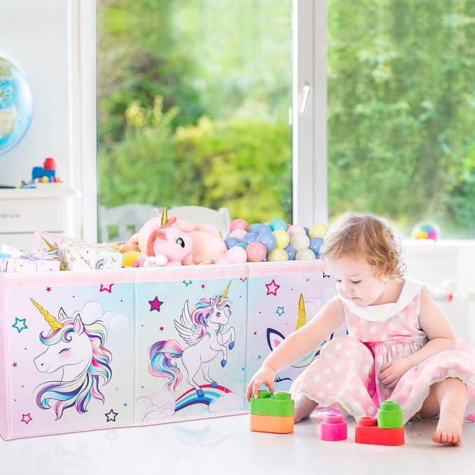 WERNNSAI Unicorn Toy Box Chest – Large Toy Chest Organizer with Flip-Top Lid Collapsible Sturdy Storage Bin with Handles 38 x 13 x 16 Inch for Kids Girls Pink Closet Nursery Living Room Bedroom