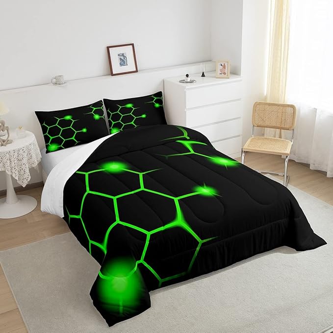 Hexagonal Comforter Set Geometric Honeycomb Bedding Set for Kids Adults Neon Green Black Comforter Modern Hexagon Beehive Quilt Set Ultra Soft Room Decor Full Size Bedroom Collection 3Pcs