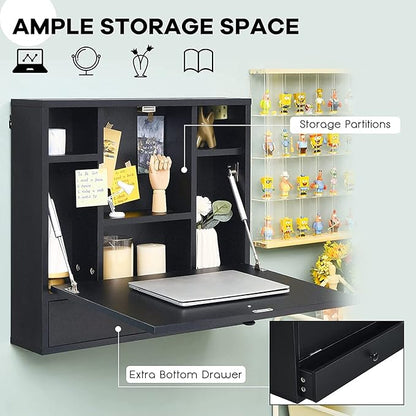 2 in 1 Foldable Tabletop, Folding Wall Mount Laptop Storage Compartments Space Saving Floating Desk, Black