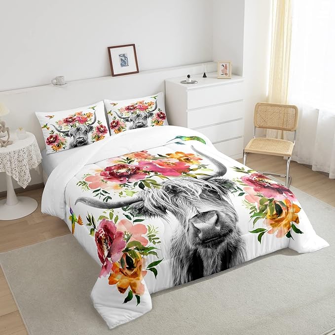 Erosebridal Highland Cow Floral Comforter Set Twin Size Bull Cattle Flower Bedding Set Wildlife Farmhouse Cow Quilt Hummingbird Duvet Insert Soft All Season White Down Comforter with 1 Pillowcase