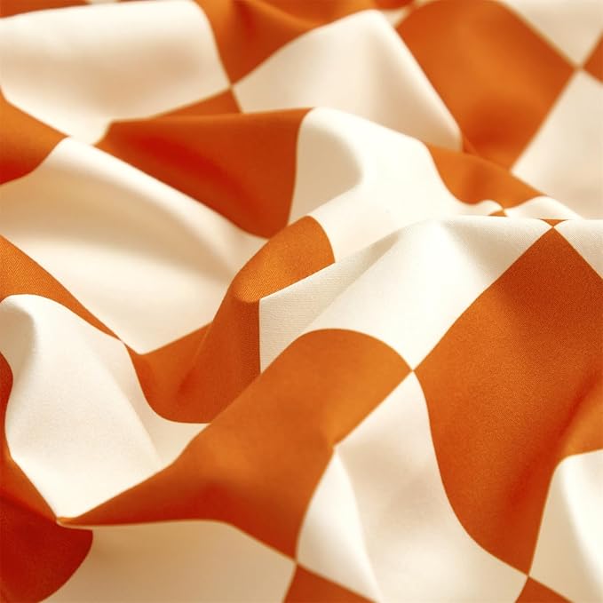 Orange White Grid Comforter Set Full Burnt Orange Plaid Bedding Set Girls Reddish and White Checkered Bed Comforter Set Breathable Blanket Set Kids Durable Bedding Comforter Set