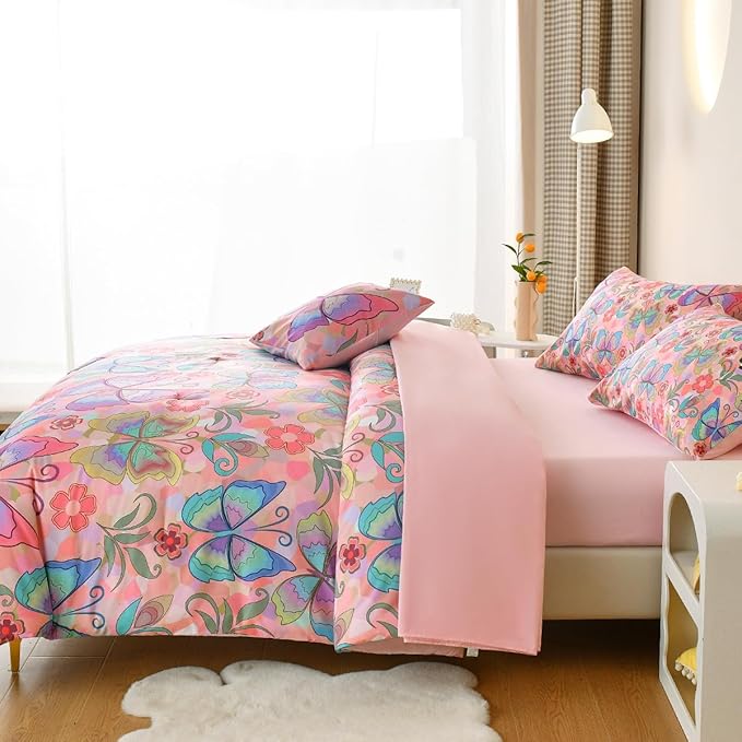Butterfly Bedding Set Twin, Pink Butterfly Comforter Set for Girls Kids Teens 6 pcs Bed in a Bag Twin Bedding Sets for Girls
