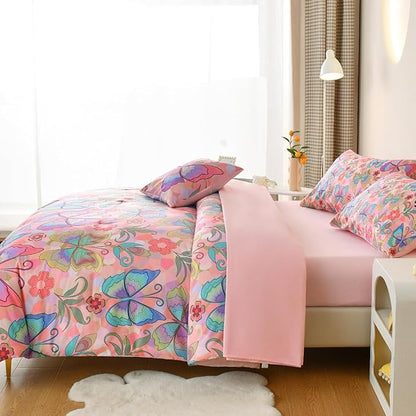 Butterfly Bedding Set Twin, Pink Butterfly Comforter Set for Girls Kids Teens 6 pcs Bed in a Bag Twin Bedding Sets for Girls