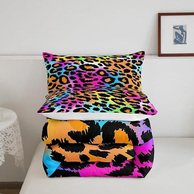 Leopard Print Comforter Set for Girls Kids Women Neon Rainbow Leopard Fur Bedding Set Mottled Exotic Panthera Skin Comforter Room Decor Colorful Camouflage Safari Theme Duvet Set Queen Size Quilt Set