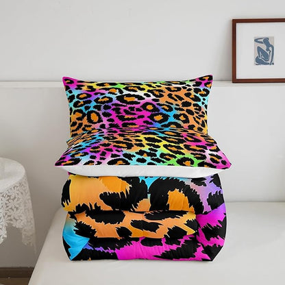 Leopard Print Comforter Set for Girls Kids Women Neon Rainbow Leopard Fur Bedding Set Mottled Exotic Panthera Skin Comforter Room Decor Colorful Camouflage Safari Theme Duvet Set Queen Size Quilt Set