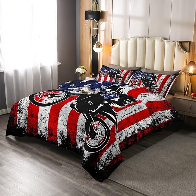 Dirt Bike Comforter Set King Motocross Comforter Retro American Flag Bedding Set for Kids Boys Teens Men Grunge Room Decor,Extreme Sports Tie Dye Bed Set Motor Biker Motorcycle Quilt Duvet Set 3 Pcs
