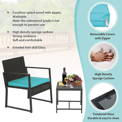 FDW 3 Piece Outdoor Bistro Set Patio Furniture Sets Wicker Patio Chairs Rattan Outdoor Furniture for Backyard Porch Poolside Lawn,Blue Cushion