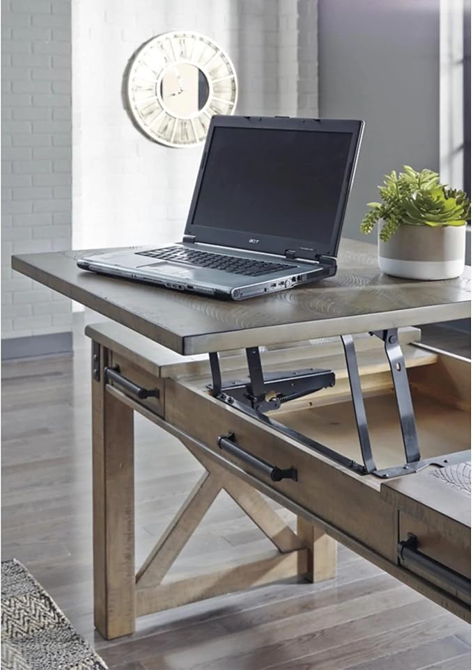 Signature Design by Ashley Aldwin Rustic Farmhouse 60" Home Office Lift Top Desk with Charging Ports, Distressed Gray