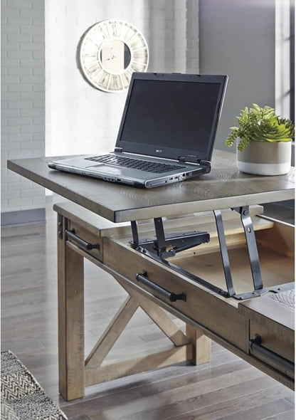 Signature Design by Ashley Aldwin Rustic Farmhouse 60" Home Office Lift Top Desk with Charging Ports, Distressed Gray