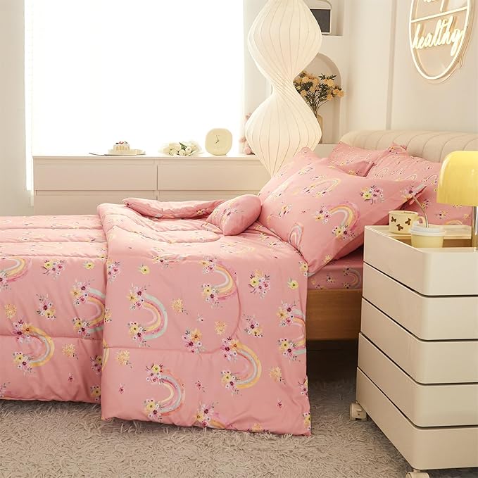 Mooreeke Full Size Comforter Sets for Girls Kids, 8 Pieces Bed in a Bag Pink Rainbow Flowers Bedding Comforter Sheet Set with Shams and Decorative Toy Pillow, Ultral Soft Microfiber Kids Bed Set