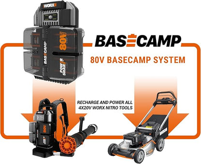 Worx Nitro 80V Cordless Leaf Blower, 800 CFM 150 MPH, Brushless Backpack Electric Leaf Blower WG572, Turbine Fan, Variable Air Control – 4 PowerShare Batteries, Basecamp Charger Included
