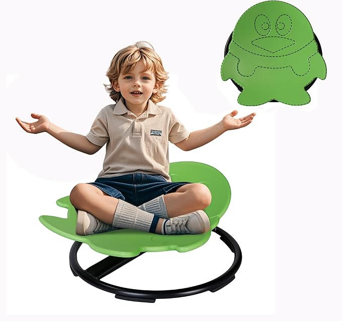 Sensory Spinning Chair for Kids, Autistic Childs Swivel Chair, Sit and Spin Toy, Training Body Coordination, Metal Base Non-Slip Indoor and Outdoor Activity Spins Toys (Penguin-Green)