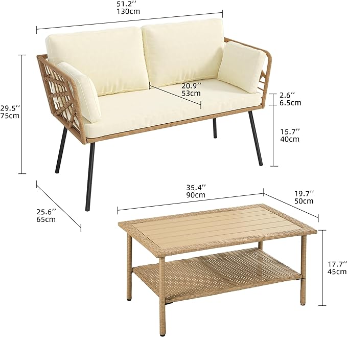 YITAHOME 2 Pieces Patio Furniture Set, All-Weather Wicker Loveseat with Thick Cushions & Rattan Table, Outdoor Conversation Set for Patio, Balcony, Backyard, Deck, Poolside