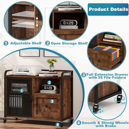 BON AUGURE Filing Cabinet for Home Office, Rolling Lateral File Cabinet with Storage, Wood Metal Printer Stand with Drawer (Rustic Oak)